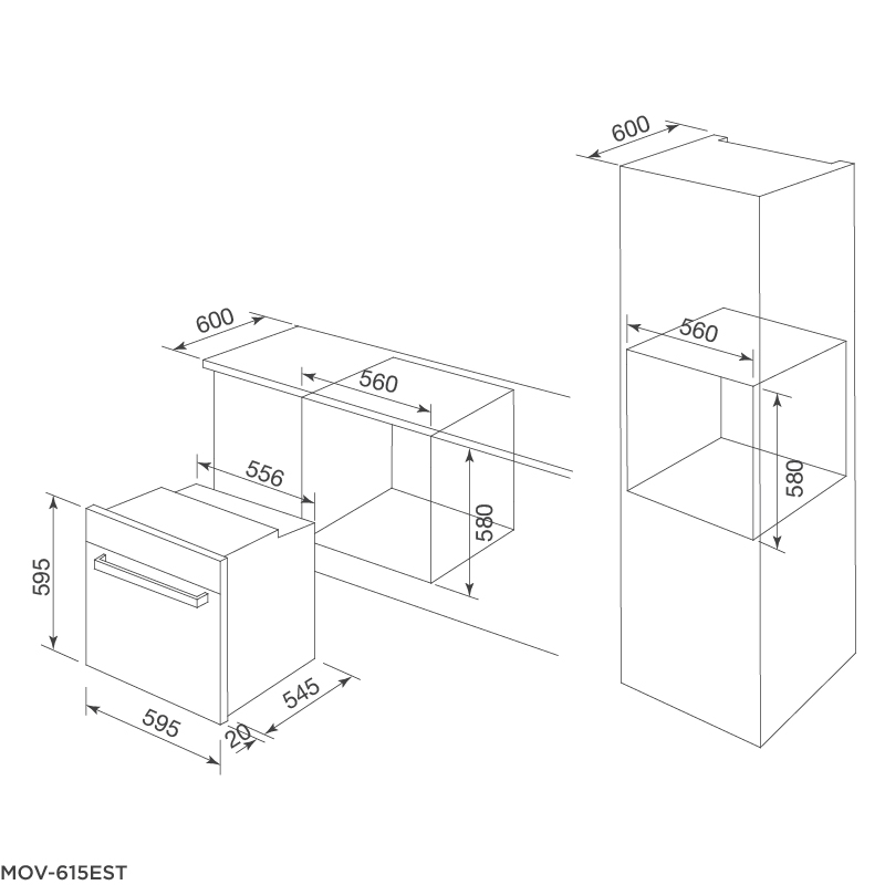 Kích thước lắp đặt lò nướng lò nướng điện Malloca MOV-615EST