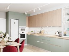 TỦ BẾP 136 MELAMIN XANH XÁM PHỐI GỖ NÂU