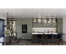 TỦ BẾP 158 - GỖ MDF CHỐNG ẨM PHỦ MELAMINE MÀU XANH KẾT HỢP CÁNH KÍNH