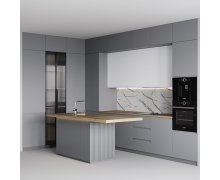 TỦ BẾP 122 BÀN ĐẢO TONE XÁM PHỐI GỖ