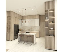 TỦ BẾP 69 - TỦ BẾP GỖ MDF MÀU TRẮNG PHỐI VÂN GỖ