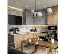 TỦ BẾP 59 - TỦ BẾP KỊCH TRẦN GỖ MDF VÂN GỖ PHỐI XÁM