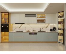 TỦ BẾP 53 - TỦ BẾP GỖ MDF PHỦ MELAMINE PHỐI CÁNH KÍNH