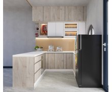 TỦ BẾP 143 - BẾP CHỮ L GỖ MDF PHỦ MELAMINE KẾT HỢP ACRYLIC