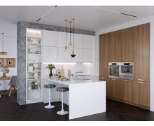 TỦ BẾP 159 - GỖ MDF CHỐNG ẨM PHỦ MELAMINE MÀU TRẮNG PHỐI VÂN GỖ