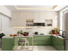 TỦ BẾP 51 - TỦ BẾP MELAMINE MÀU XANH PHỐI VÂN GỖ