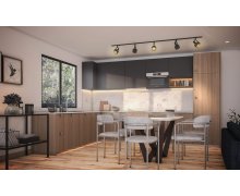 TỦ BẾP 97 - TỦ BẾP GỖ MDF MÀU XÁM PHỐI VÂN GỖ