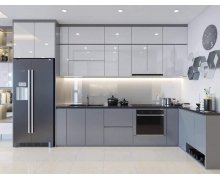 TỦ BẾP 98 - TỦ BẾP ACRYLIC TRẮNG PHỐI VÂN GỖ