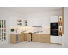 TỦ BẾP 100 - TỦ BẾP MELAMINE TRẮNG PHỐI VÂN GỖ