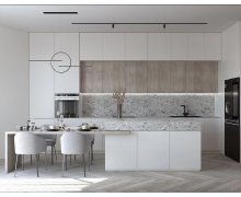 TỦ BẾP 37 - TỦ BẾP KỊCH TRẦN MELAMINE TRẮNG PHỐI VÂN GỖ