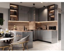 TỦ BẾP 30 - TỦ BẾP TONE XÁM CÁNH KÍNH