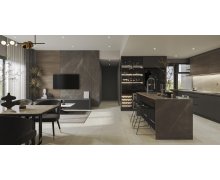 TỦ BẾP 105 - TỦ BẾP MELAMINE VÂN GỖ VÀ XÁM PHỐI CÁNH KÍNH