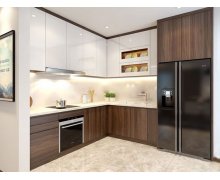 TỦ BẾP 56 - TỦ BẾP KỊCH TRẦN ACRYLIC TRẮNG PHỐI MELAMINE VÂN GỖ