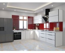 TỦ BẾP 32 - TỦ BẾP MELAMINE TRẮNG KÍNH ĐỎ