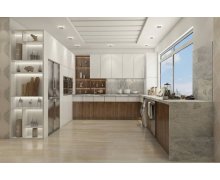 TỦ BẾP 66 - TỦ BẾP GỖ MDF MÀU TRẮNG PHỐI VÂN GỖ