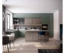 TỦ BẾP 77 - TỦ BẾP MELAMINE MÀU XANH PHỐI VÂN GỖ