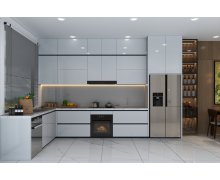 TỦ BẾP 142 - BẾP CHỮ L CAO KỊCH TRẦN GỖ MDF PHỦ ACRYLIC BÓNG GƯƠNG MÀU TRẮNG