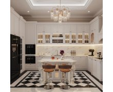 TỦ BẾP 04 - GỖ TONE TRẮNG CÁNH PANEL CỔ ĐIỂN