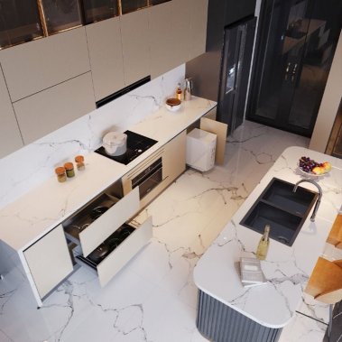 TỦ BẾP 14 - TỦ BẾP MELAMINE CÁNH KÍNH GỖ MDF CHỐNG ẨM