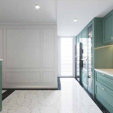 TỦ BẾP 12 - CÁNH PANEL TRẮNG XANH CỔ ĐIỂN