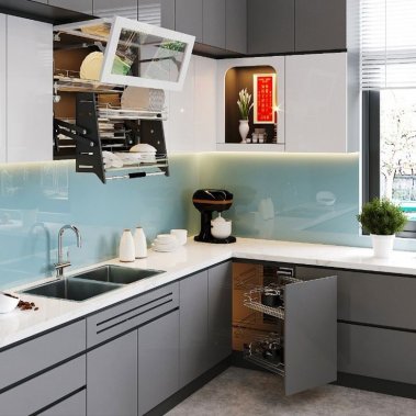 TỦ BẾP 61 - TỦ BẾP KỊCH TRẦN ACRYLIC TRẮNG PHỐI XÁM