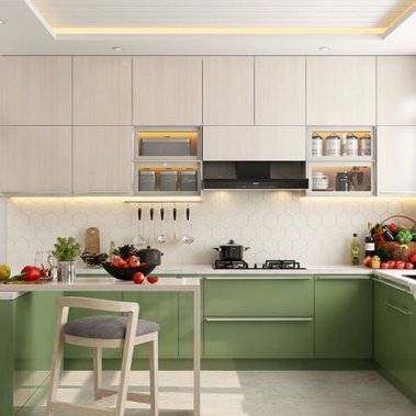 TỦ BẾP 51 - TỦ BẾP MELAMINE MÀU XANH PHỐI VÂN GỖ