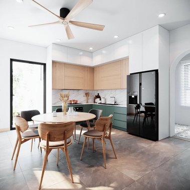 TỦ BẾP 107 - TỦ BẾP MELAMINE VÂN GỖ PHỐI MÀU TRẮNG VÀ XANH