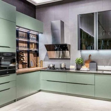 TỦ BẾP 52 - TỦ BẾP MELAMINE MÀU XANH PHỐI CÁNH KÍNH