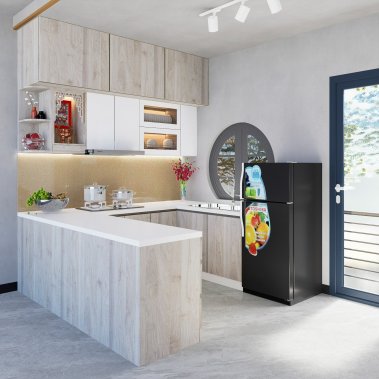 TỦ BẾP 143 - BẾP CHỮ L GỖ MDF PHỦ MELAMINE KẾT HỢP ACRYLIC