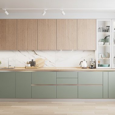 TỦ BẾP 136 MELAMIN XANH XÁM PHỐI GỖ NÂU