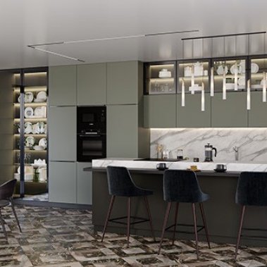 TỦ BẾP 158 - GỖ MDF CHỐNG ẨM PHỦ MELAMINE MÀU XANH KẾT HỢP CÁNH KÍNH