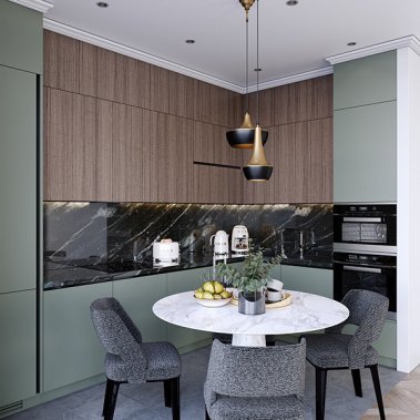 TỦ BẾP 147 - GỖ MDF PHỦ MELAMINE MÀU XANH KẾT HỢP VÂN GỖ