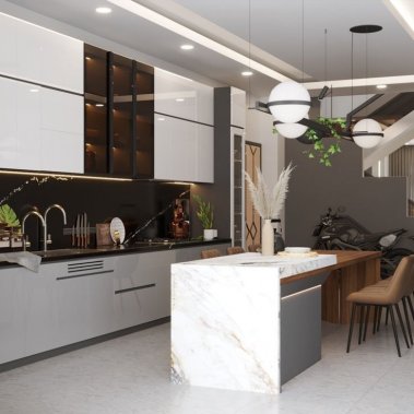 TỦ BẾP 112 - TỦ BẾP ACRYLIC TRẮNG PHỐI XÁM