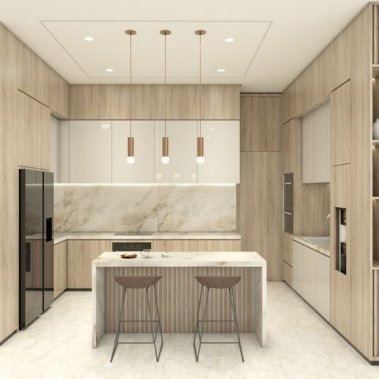 TỦ BẾP 69 - TỦ BẾP GỖ MDF MÀU TRẮNG PHỐI VÂN GỖ