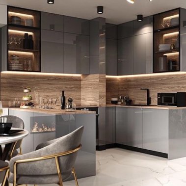 TỦ BẾP 30 - TỦ BẾP TONE XÁM CÁNH KÍNH