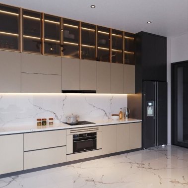 TỦ BẾP 14 - TỦ BẾP MELAMINE CÁNH KÍNH GỖ MDF CHỐNG ẨM