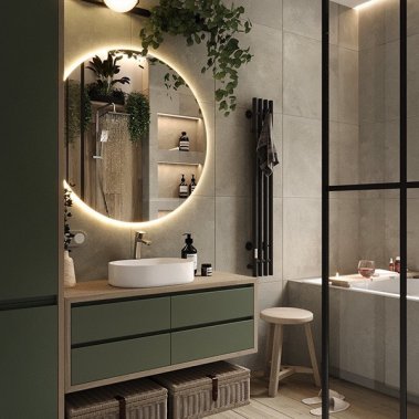 NỘI THẤT PHÒNG TẮM 04 - GỖ MDF PHỦ MELAMINE MÀU XANH KẾT HỢP VÂN GỖ