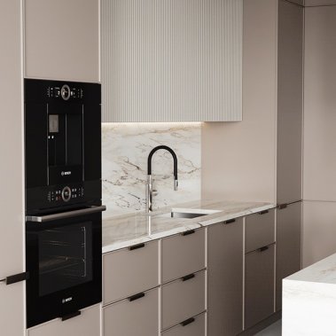 TỦ BẾP 115 - TỦ BẾP PANEL SƠN MÀU NÂU PHỐI CÁNH KÍNH