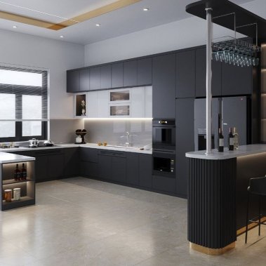 TỦ BẾP 60 - TỦ BẾP VÀ QUẦY BAR GỖ MDF PHỦ MELAMINE XÁM PHỐI TRẮNG