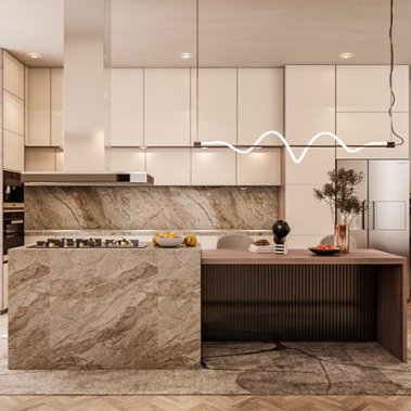 TỦ BẾP 120 LAMINATE TONE NÂU PHỐI ĐÁ SANG TRỌNG