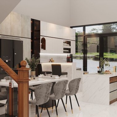 TỦ BẾP 113 - TỦ BẾP MELAMINE MÀU TRẮNG PHỐI MÀU BÊ TÔNG