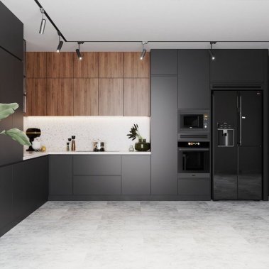 TỦ BẾP 13 - TỦ BẾP TONE XÁM PHỐI GỖ CHỐNG ẨM