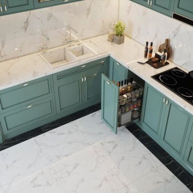 TỦ BẾP 12 - CÁNH PANEL TRẮNG XANH CỔ ĐIỂN