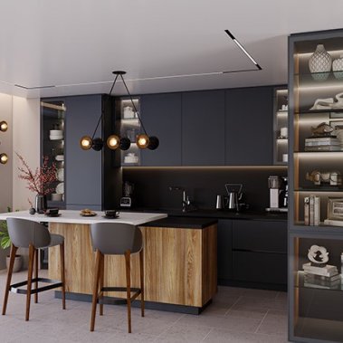 TỦ BẾP 152 - GỖ MDF CHỐNG ẨM PHỦ MELAMINE MÀU XÁM KẾT HỢP VÂN GỖ