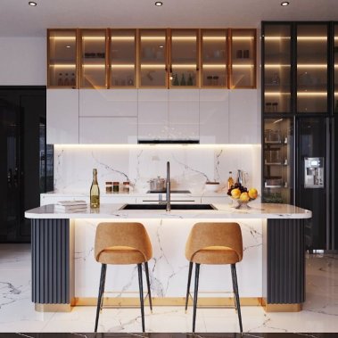 TỦ BẾP 14 - TỦ BẾP MELAMINE CÁNH KÍNH GỖ MDF CHỐNG ẨM