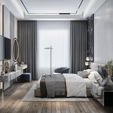 NỘI THẤT PHÒNG NGỦ 70 - GỖ MDF PHỦ MELAMINE MÀU XÁM KẾT HỢP CÁNH KÍNH