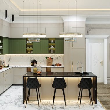 TỦ BẾP 131 LAMINATE CÁNH PANEL TONE XANH TRẮNG