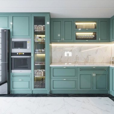 TỦ BẾP 12 - CÁNH PANEL TRẮNG XANH CỔ ĐIỂN