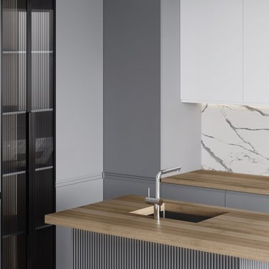 TỦ BẾP 122 BÀN ĐẢO TONE XÁM PHỐI GỖ