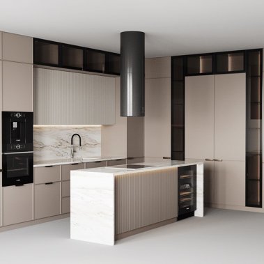 TỦ BẾP 115 - TỦ BẾP PANEL SƠN MÀU NÂU PHỐI CÁNH KÍNH